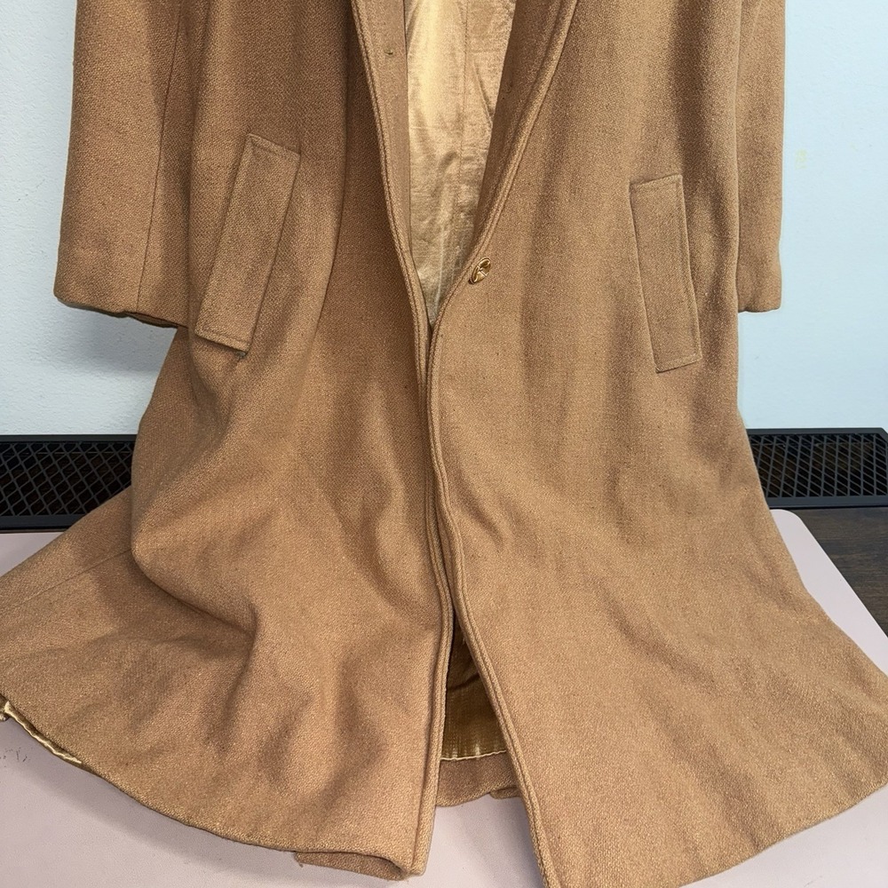 Vintage Hooded Wool Coat Camel Brown Long Lined Trench Women's Mid-Century PICS* - Picture 3 of 16